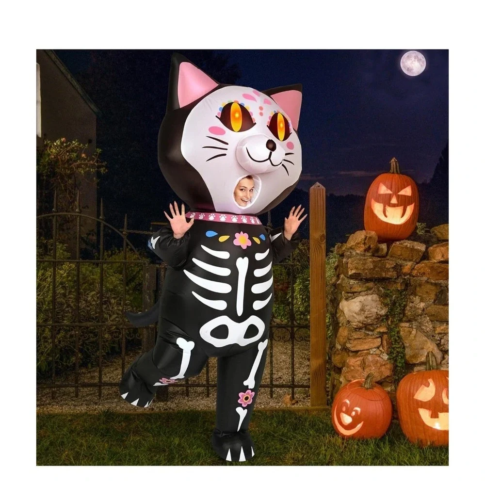 Black Skeleton Cat Inflatable Pet Costume with Pink Accents